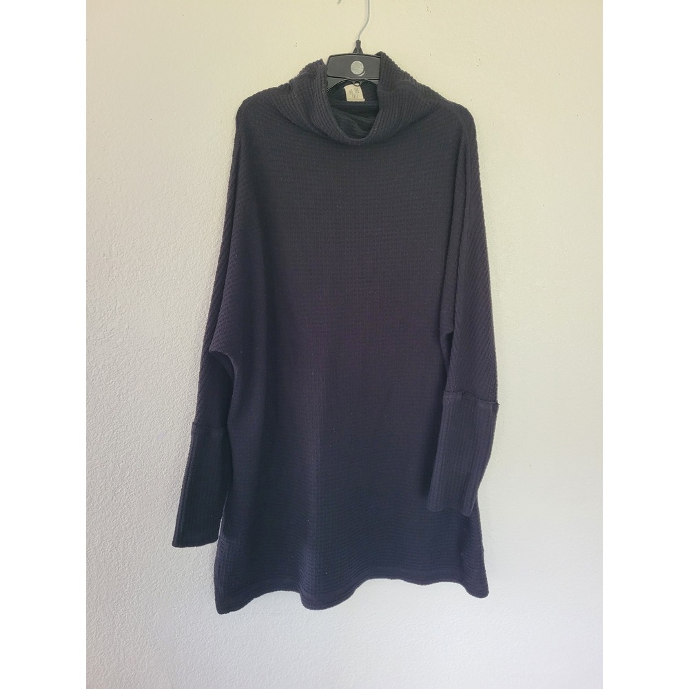 We The Free Free People Black Waffle Knit Cowl Neck Oversized Tunic Top L #23